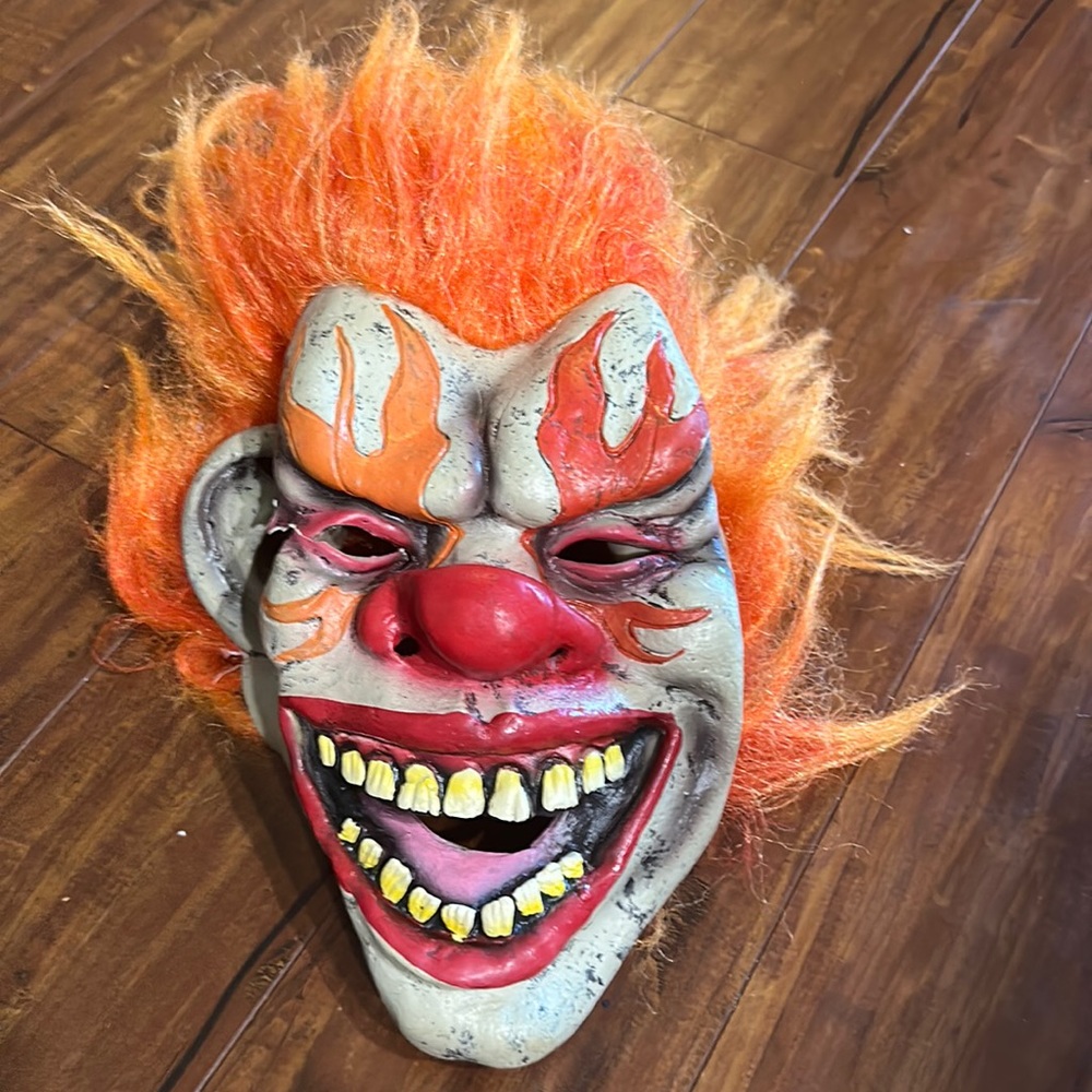 Evil Clown Latex Mask Orange Flame Hair Adult Halloween Horror